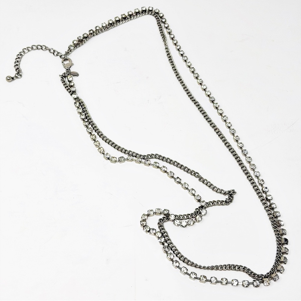 Chico’s Layered Long Necklace Silver Tone Chain & Clear Rhinestones